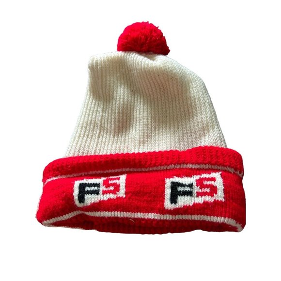 Vintage Farm Service FS Seed Pom Stocking Cap Beanie Knit Hat Winter White Red - Picture 1 of 1